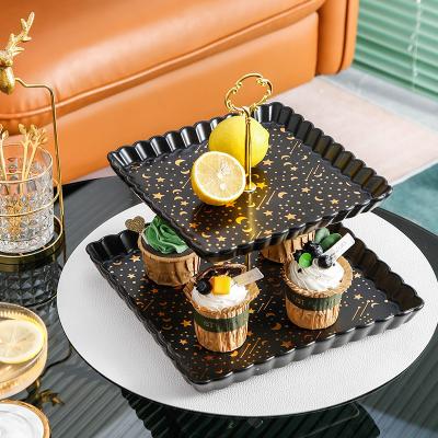 China Viable Hot Selling 2022 Square Shape 2 Tier Tabletop Fruit Snack Dish Cup Ceramic Cake Stands For Wedding Cakes for sale