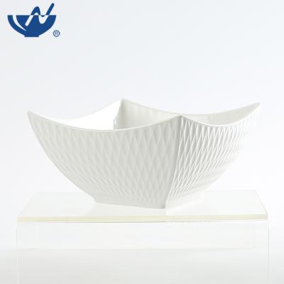 China Sustainable Classic Plain Carved White Color Square Serving Bowls Large Porcelain Ceramic Salad Bowl for sale