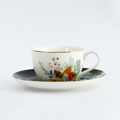 China Sustainable Tableware Flowers Pattern Ceramic Coffee Cups And Saucers Tea Cups Set On Sale for sale