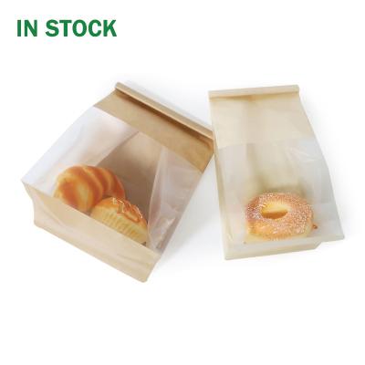 China Biodegradable Resealable Flat Bottom Stand Up Tin Tie Coffee Bean Snack Packaging Bag Brown Dessert Kraft Paper Pouch With Window for sale