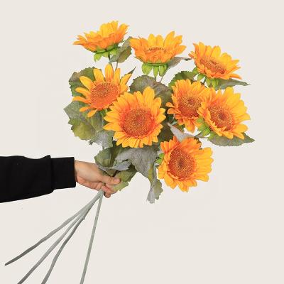 China New Sale Lifelike 3 80cm Artificial Yellow Heads Sunflower Living Room Bedroom Artificial Silk Flower Decorative Bouquet for sale