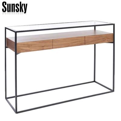 China PANEL tempered glass iron frame wooden console table for sale