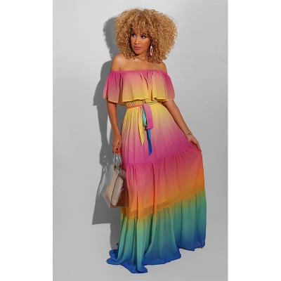 China New Arrival Street Style Fashion Breathable Gradient Color Printed Off The Shoulder Ladies Dress Maxi Dress Women Pleat Dress Loose for sale