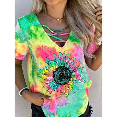 China Hot Sale Fashion Design Anti-Wrinkle Tie-Dye Sunflower Printed Hollow Out V-Neck Ladies Causal Women Top Short Sheath Top for sale