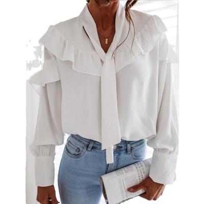 China Autumn Hot Selling Women New Fashion Solid Color Breathable Casual Loose Side Long Sleeve V-Neckline Ruffle Lace Up Shirt Tops for sale