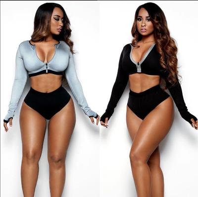 China Wholesale Spandex/Polyester Summer Women Swimwear Solid Color Round Neck With Sleeves Zipper High Waist Long Bikini Two Piece Set Swimwear for sale