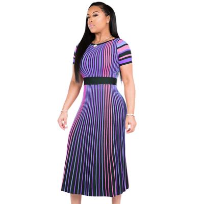 China Breathable Cheap Design Loungewear Pinched Short Midi Ladies O-Collar Stripes Color Women's Dress African Sleeve Dresses for sale