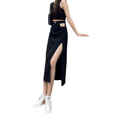 China 2021 New Girl's Version Show Hip Line A-line Slim Korean Breathable Korean Bag Slim Skirt Black Side Women's Denim Mid Length Skirt for sale