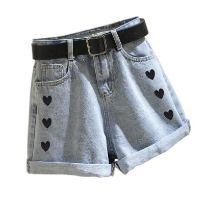 China 2021 New Summer Heart Embroidery Women Breathable Denim Shorts for sale