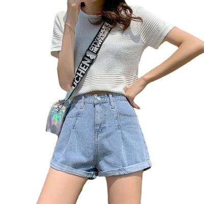 China 2021 summer hundred high waist denim Korean shorts women's breathable loose student installed wide legs volume edge outside hot wear pants for sale