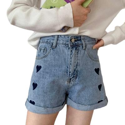 China 2021 Breathable Women's Summer Denim Love Heart Embroidery High Waist Soft Curling Hot Pants Show Shorts Wide Leg A Line Pants for sale