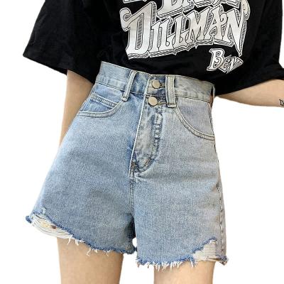 China New INS breathable hole ripped denim shorts hot pants one line waist line flexible women's summer exposure net red high slim Korean wide leg wear for sale