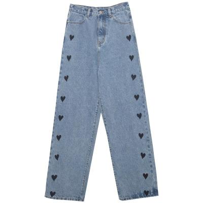 China Summer 2021 new size light color love heart embroidery viable jeans women wide high leg pants loose straight tube drag land pants for sale