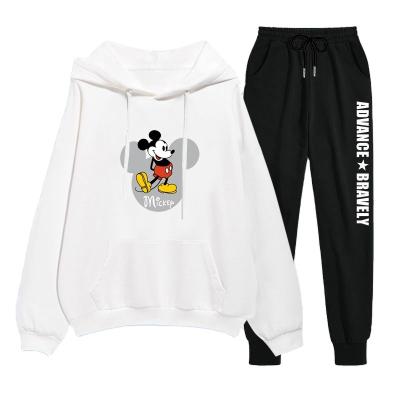 China Autumn Breathable Hooded Set Long Sleeve Women Jogging Suits Drawstring Leisure Cartoon Mickey Print Hoodie Sports Women Two Piece Set for sale