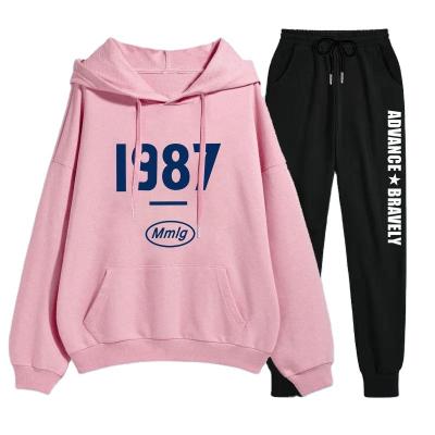 China Spring Breathable Casual Sports Tracksuit News Loose Drawstring Breathable Printing Hooded Two Piece Sets Tracksuit Women And Hoodie Sets Women for sale