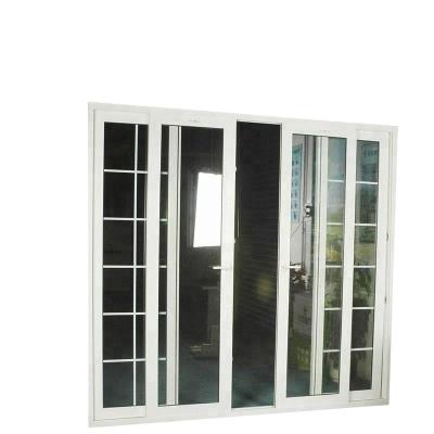 China Cheap Double Heat Insulation Tempered Glass PVC Blacony White Sliding Glass Doors With Grilles For Bathrooms for sale