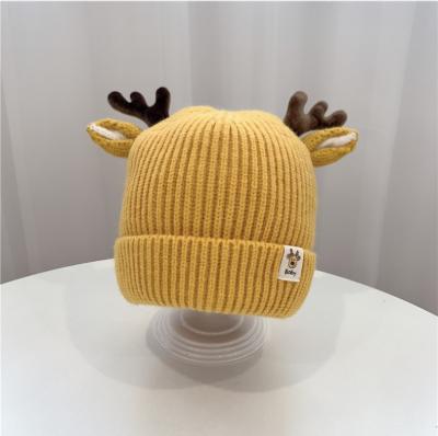 China Chirstmas Decor 2021 New Design Antlers Cute Christmas Hat Kids Knitted Hat 100% Cotton Custom Hat for sale