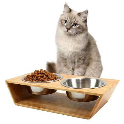 China Sustainable Elevated Dog Cat Dog Feeder with 2 Stainless Steel Bowls, Bamboo Raised Stand Pet Feeder Perfect for Small Dogs & Cat for sale