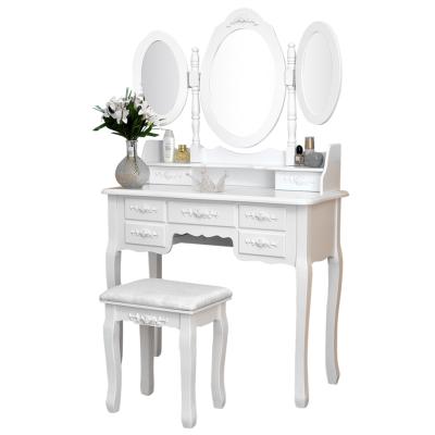 China Collapsible Foldable Bedroom Makeup Desk Stool Set 3 Mirrors Dressing Table 7 Cosmetics Jewelry Storage Drawers for sale