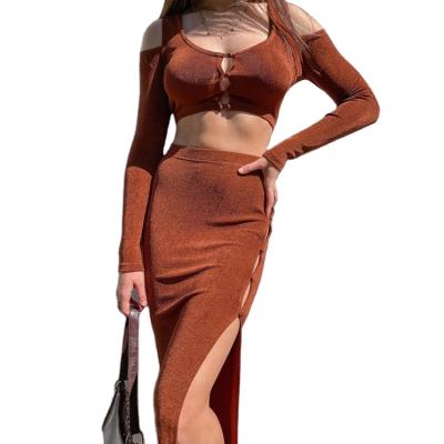 China 2022 new fashion open-button high-waist anti-pilling slit skirt outfits upper two-piece set for sale