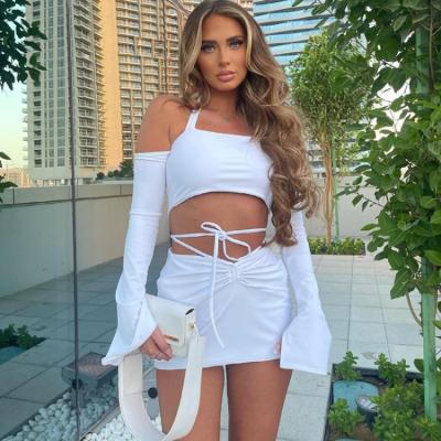 China New Style Anti-pilling Neck Sling Horn Long Sleeve Hanging Female Crop Tops Bodycon Short Mini Skirt Two Piece Set for sale