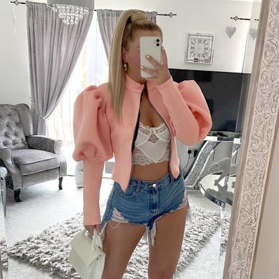 China New Autumn Women's Fashion Anti-wrinkle Round Neck Puff Sleeve Short Zipper Ladies Slim Jackets Lace Up Coats for sale