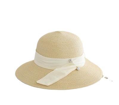 China Wholesale Lady Sun Foldable Character Logo Hats Summer Fashion Custom Beach Straw Paper Hat For Women Simple Bow for sale