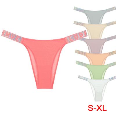 China Viable hot sale ladies emazon rhinestone waistband flash letter printed panties sexy women's thongs G-string cotton panties for sale