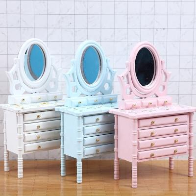 China European Kids Room Mini Furniture 1 12 Dollhouse Miniature Wooden Dresser With Mirror Drawer Table Wooden Crafts Sets for sale