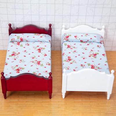 China Wooden Miniature Flower Bedroom Furniture Decoration Dollhouse Model Children's Room Mini Bed Single Bed for sale