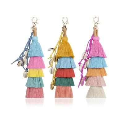 China Creative Colorful Bags Bohemian Cotton Tassel Bag Pendant 5 Layers Tassel Key Chain With Conch Decoration For Bags for sale