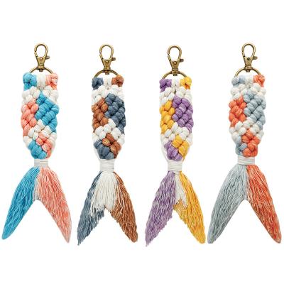 China Creative Colorful Handmade Knitting Mermaid Car Pendants Long Tassel Fish Key Chain Bags Nordic Gold Rope Bag for sale