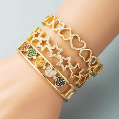 China Creative Hollow Heart Star Lover High Quality Jewelry Gold Bangle Adjustable Women Copper Cubic Zirconia Gold Plated Inlaid Colorful Bangle for sale