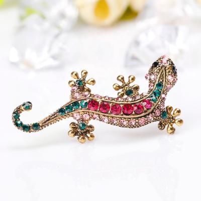 China High Quality Vintage Reptile Brooch Alloy Diamond Lizard Gecko Diamond Brooch Unique Animal Personalized Pin for sale