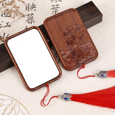 China Flower Square Design Small Travel Personalized Vintage Mirror Wood Carving Portable Mirror for sale