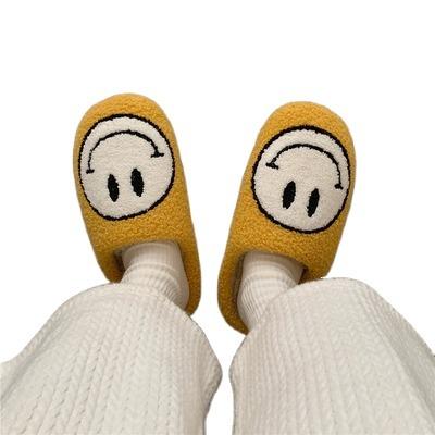 China Cute Gift Fur Slippers Big Smile Floor Slippers Couples Shoes Ladies Flat Black Indoor Slippers Plush Short Fluffy Wool for sale