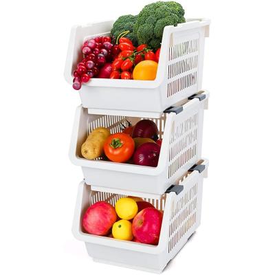 China 3-Pack Sustainable Plastic Fruit Clothing Storage Bins Stackable Baskets Rack With Wheels Stacking Rack Organizer for sale