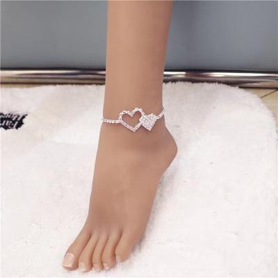 China New high quality punk crystal diamonds heart shape anklet bling silver foot feet shape jewelry anklets for sale