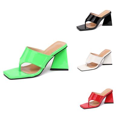 China Custom Leather Chunky Open Ladies Wedge High Heels Fashion Trend Logo Summer Logo Slippers Square Toe Designer Women Shoes for sale