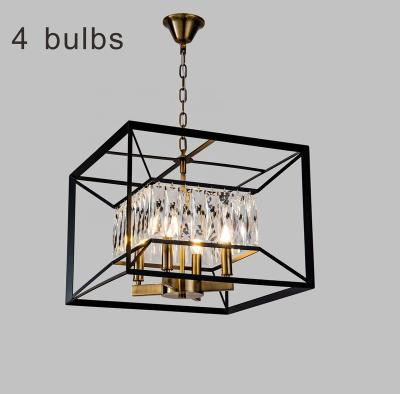 China Modern high quality luxury modern black+gold square dining room iron crystal pendant light lamp led chandelier 4 bulbs for sale