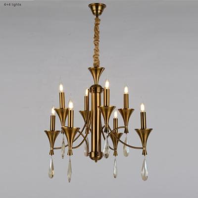 China 2023 French Modern Rustic Luxury Indoor Candle Decor Gold Crystal CABIN Bedroom Chandelier Lamps 4+4 Lights for sale