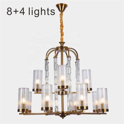 China Wholesale Modern Hotel Restaurant Living Room Decorative Iron High Quality Indoor Hanging Glass Chandeliers Lights 8+4 Bulbs for sale