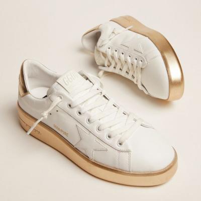 China Fashion Trend Goldens Color Beautiful Gooses Purestar Sneakers in White Leather with Smudge and Gold Layered Heel Leather Tag Dirty Shoes for sale