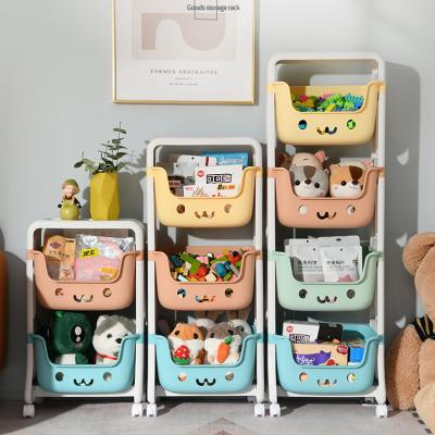 China Sustainable 2-4 Layers Kitchen Sundries Storage Basket Rack Kids Household Play Storage Organizer Plastic Shelf With Rolls for sale