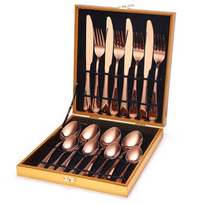 China Eco Sustainable Wedding 16 Pieces With Wooden Box Rose Gold Cutlery Set Stainless Steel Shiny for sale