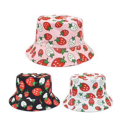 China Cute Sunscreen Strawberry Sunside Fruit Double Side Printing Reversible Outdoor Foldable Fisherman Bucket Hats For Adult for sale