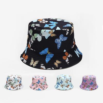 China Custom Colorful Sun Protection Butterfly Pattern Outdoor Parasol Double Sided Fashion Bucket Hat for sale