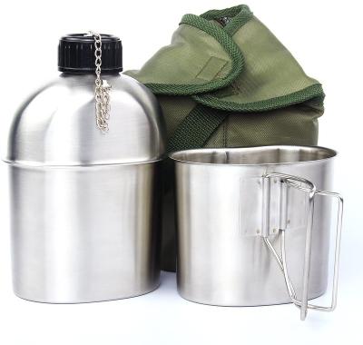 China 304 Stainless Steel Outdoor Military Canteen Kits 1.2 Quart Portable With 0.5QT Cup Green Cover Camping Increasing G.I. Travel Water Bottle for sale