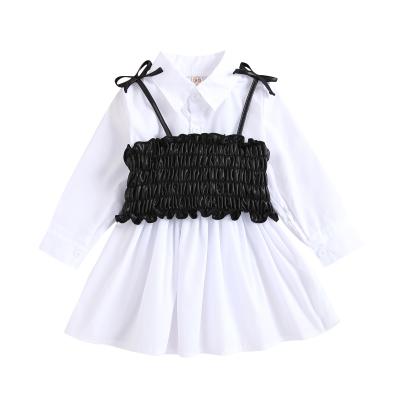 China A042 2021 Kids Casual Dress Washable Girls Sheath Long White Shirt Dress With Black Leather Pleated Band Waiting For Girl 2-10 Year for sale