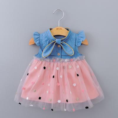 China Breathable 574 England Special Lace Special Star Printed Denim Button Baby Girl Dress Double for sale